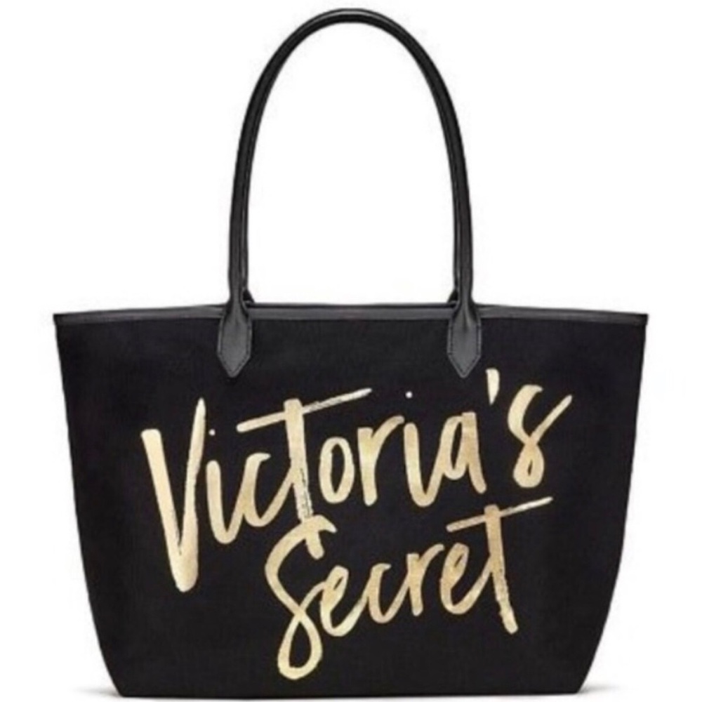 Victoria Secret black canvas gold foil tote bag